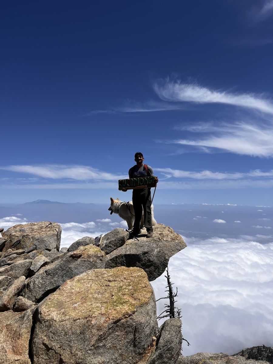 Standing on the rocky summit of Cucamonga Peak above the clouds with Rajah, a white dog
